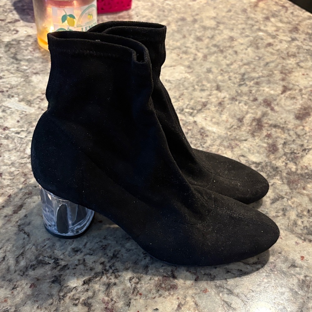Zara Black Sock Booties with Clear Block Heel